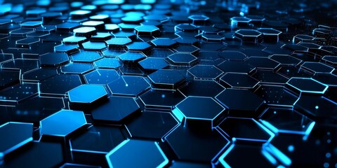 Obraz premium A dynamic arrangement of hexagonal shapes in vibrant blue tones, creating a futuristic digital landscape.