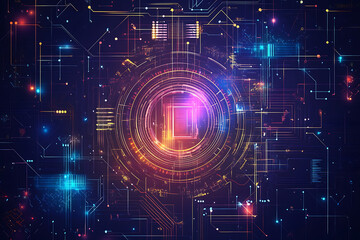 A futuristic circuit board design in festive New Year colors, featuring intricate digital technology elements, glowing lights, and advanced geometric patterns for a modern tech aesthetic.

