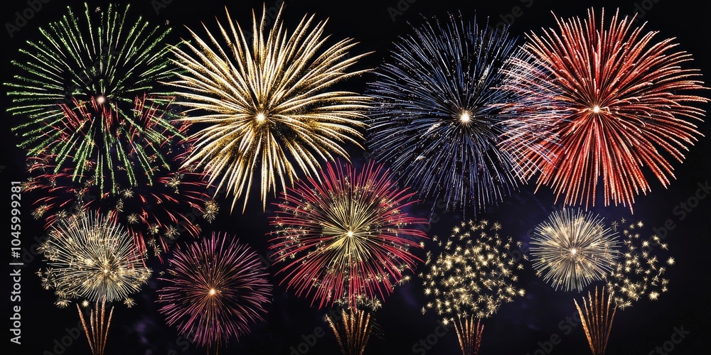 Poster a stunning display of colorful fireworks exploding in a night sky, creating a festive atmosphere.