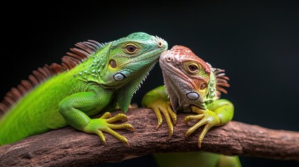 Obraz premium Two iguanas, one green and the other red, cozy up on a branch against a dark backdrop, highlighting their affectionate behavior and colorful distinction.