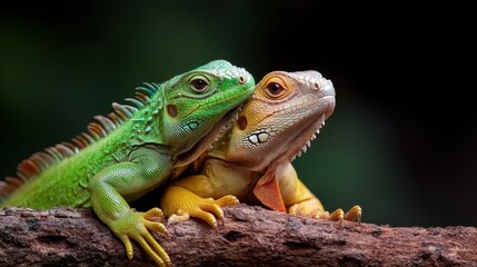 Naklejka premium A green and a yellow iguana are perched on a branch, showcasing their vibrant colors against a dark background, emphasizing nature's vivid palette.
