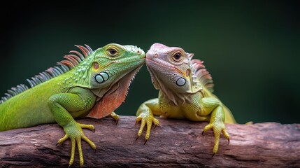Obraz premium Two iguanas, facing each other on a branch, display their bright scales and unique interaction, set against a contrasting dark and blurred background.