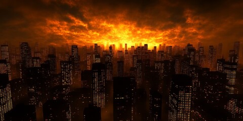 Fototapeta premium Breathtaking sunset over a sprawling city skyline, casting an orange glow on the skyscrapers.