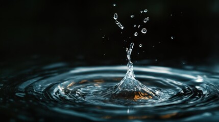 This image captures a water droplet splash, creating concentric ripples on the water's surface, conveying the beauty and serenity of a calm liquid interaction.