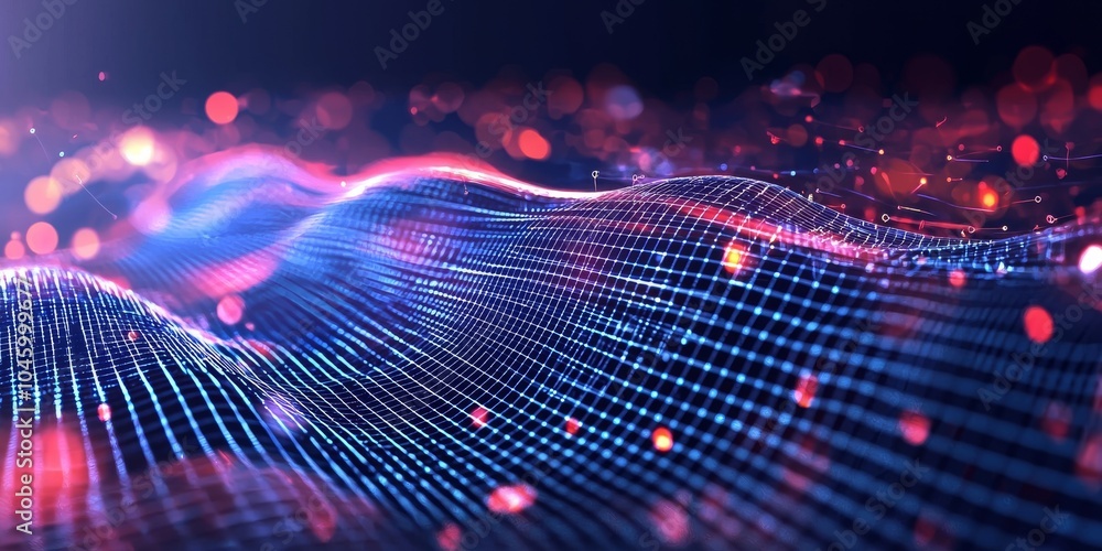 Poster vibrant digital wave pattern with intricate mesh design and glowing particles in shades of blue and 