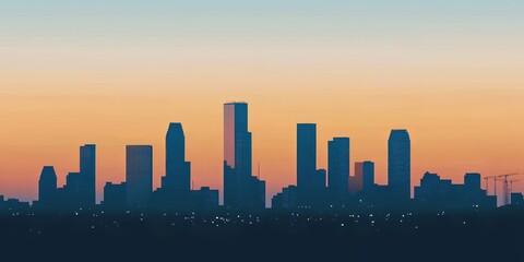 Stunning evening skyline of a modern city silhouetted against a colorful sunset.
