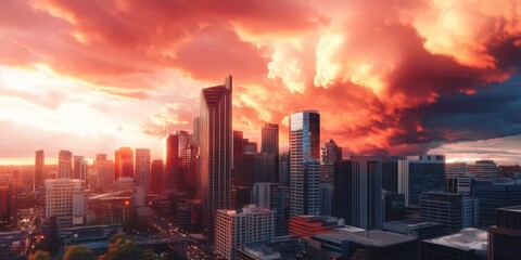 Fototapeta premium Stunning sunset over a bustling cityscape with dramatic clouds and vibrant orange hues lighting up the skyline.