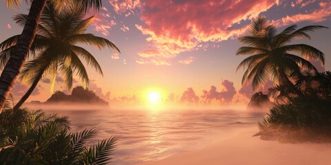 Fototapeta premium A serene tropical sunset over the ocean with palm trees silhouetted against vibrant skies.