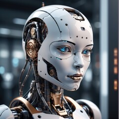 A humanoid robot with intricate mechanical features and glowing blue eyes is displayed in a futuristic laboratory setting