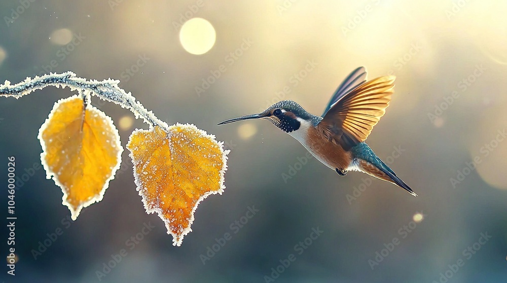 Poster a bird in flight, with a leaf in the foreground and another bird in the background