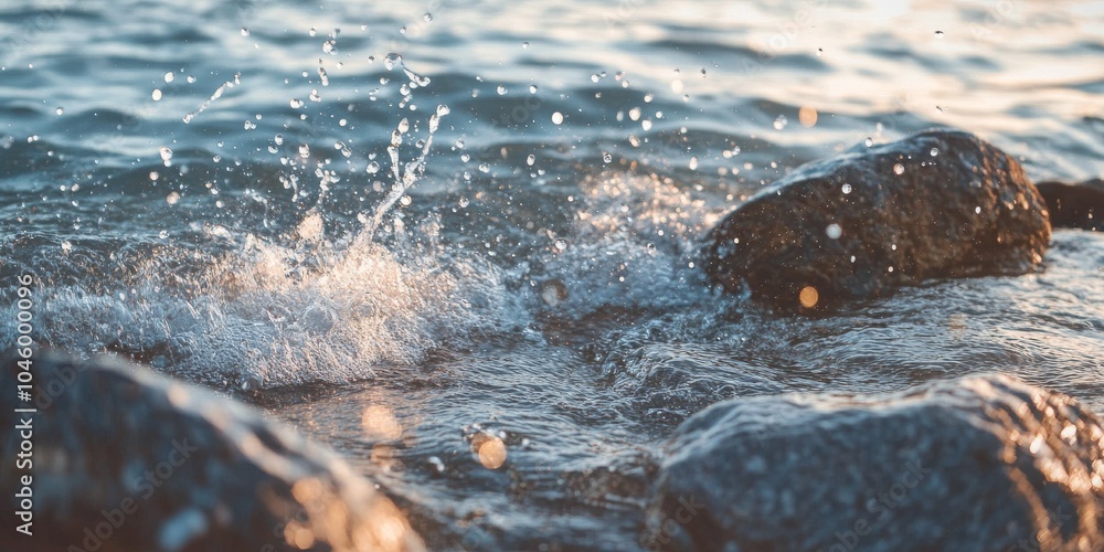 Poster close-up of water splashing against rocks, creating a serene aquatic scene with soft light reflectio