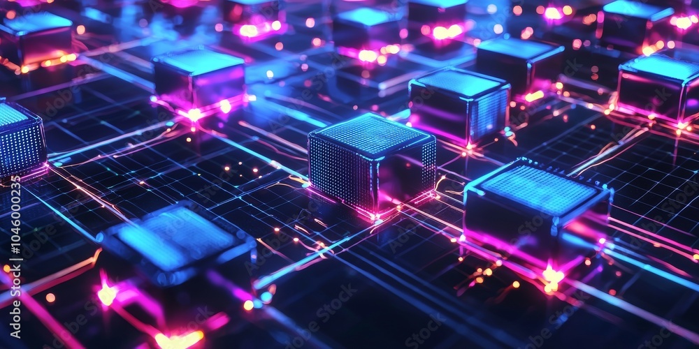 Poster abstract representation of a digital circuit board with glowing components and vibrant colors, creat