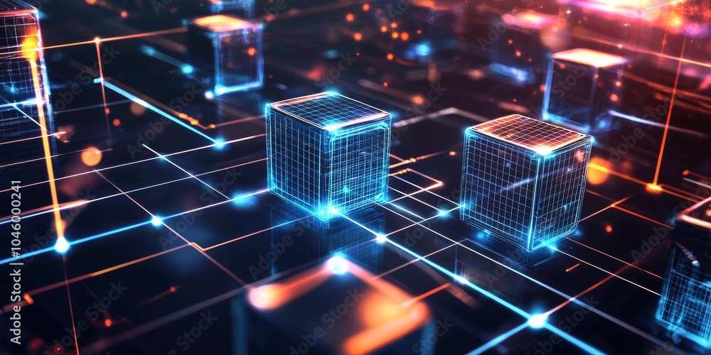 Poster abstract digital grid with glowing blue cubes representing technology and data visualization.