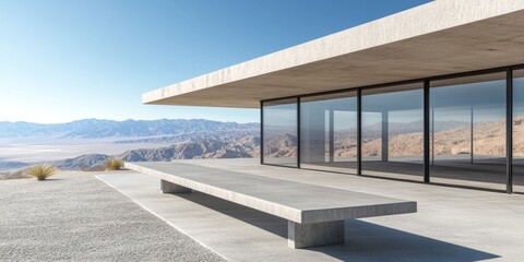 Modern minimalist architecture in a serene desert landscape with expansive glass walls and stunning mountain views.