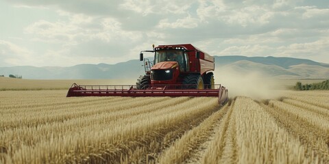 Fototapeta premium A powerful red combine harvester working in a golden wheat field under a blue sky.