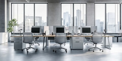 Fototapeta premium Modern office workspace with large windows and city skyline view, featuring sleek furniture and a minimalist design.