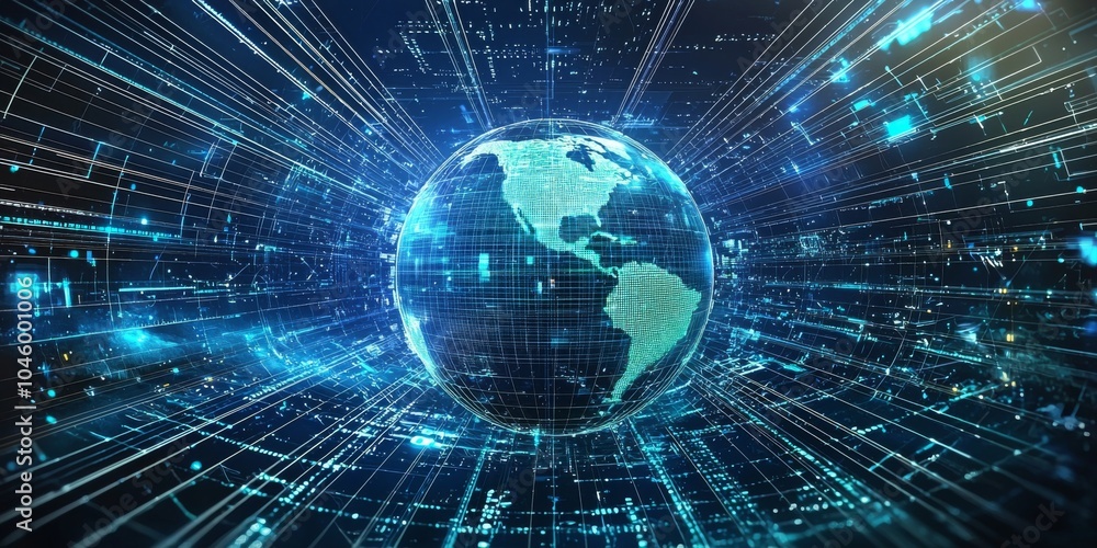 Poster a digital representation of earth surrounded by streams of light and data, symbolizing global connec