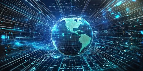 Obraz premium A digital representation of Earth surrounded by streams of light and data, symbolizing global connectivity and technology.