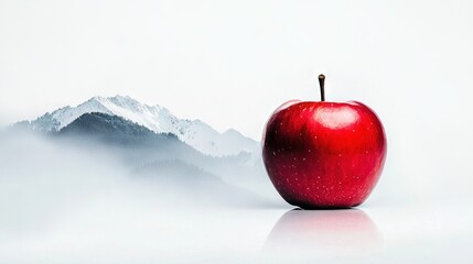  A lone red apple sits on a white background against the majestic mountains in the distance, with a hazy fog enveloping the scene