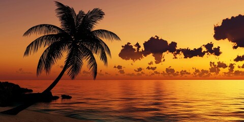 A serene sunset over the ocean, featuring a silhouette of a palm tree against vibrant orange and purple sky.