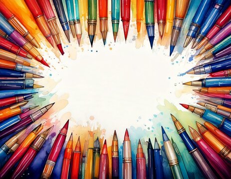 watercolor of colorful pens background with empty copy space in the middle