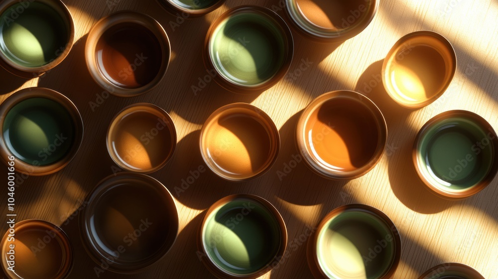 Fototapete a collection of circular tea cups in warm shades of brown and green create a visually appealing arra