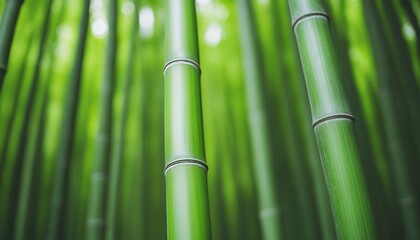 A serene view of tall green bamboo stalks in a lush environment.