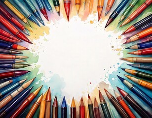 Fototapeta premium watercolor of colorful pens background with empty copy space in the middle