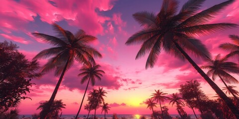 A stunning sunset over the ocean framed by lush palm trees, creating a vibrant pink and purple sky.