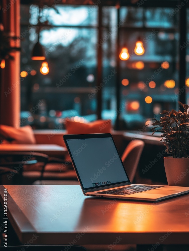 Aufkleber a laptop sits on a wooden table in a warm, inviting café filled with soft lighting and comfortable s