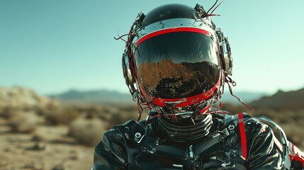 An astronaut wearing a damaged helmet stands on a desolate rocky landscape, embodying exploration and survival in hostile environments, reflecting resilience.