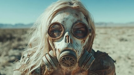 A person wearing a gas mask stands amid a barren desert wasteland under clear skies, highlighting survival and adaptation themes in harsh environments.