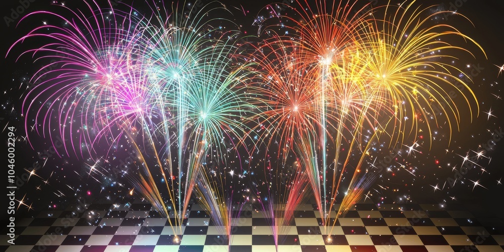 Poster vibrant fireworks display with multicolored bursts and sparkles over a checkered background, creatin