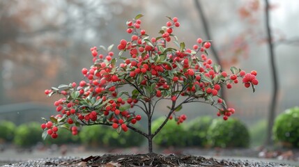 Fototapeta premium Autumnal Japanese Barberry in Misty City Park Landscape