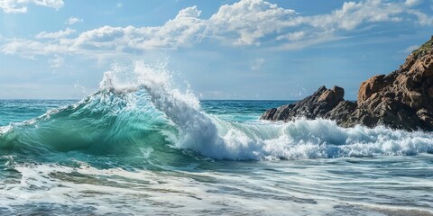 Fototapeta premium A stunning wave crashes against rocky shore under a bright blue sky with fluffy clouds.