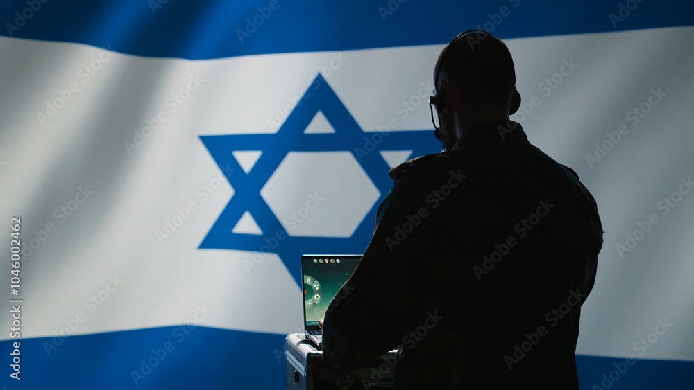 Poster israeli air defense command operator conscript using radar system on laptop to detect incoming balli
