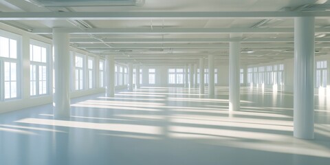 Bright, spacious empty interior with tall windows and polished floors, creating a serene, modern atmosphere.
