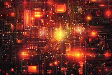 Fototapeta premium A futuristic circuit board design in festive New Year colors, featuring intricate digital technology elements, glowing lights, and advanced geometric patterns for a modern tech aesthetic.