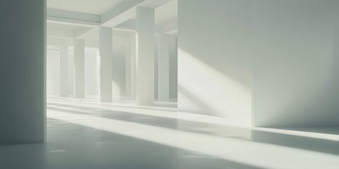 Obraz premium A serene, minimalist interior with white columns and soft sunlight creating gentle shadows.