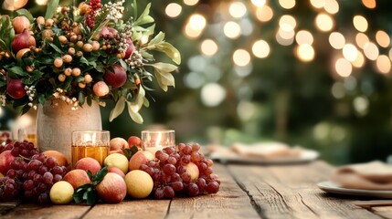 A rustic table adorned with an abundant arrangement of candles and fruits, creating a warm, welcoming fall atmosphere perfect for celebrations and gatherings.