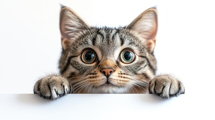 Fototapeta premium Cute Silver Tabby Cat Peeking Over the Edge of a Table with Copy Space Banner – White Background 