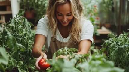 A cheerful woman wearing overalls in a home greenhouse is smiling as she picks ripe tomatoes, symbolizing personal fulfillment and the joy of home gardening.