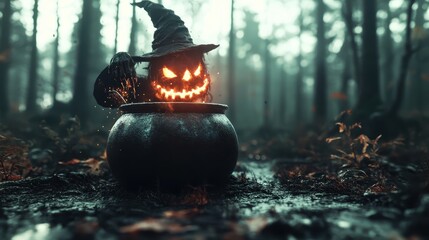 A whimsical jack-o'-lantern wearing a witch's hat pops from an enchanted cauldron amidst a magical, shadowy woodland filled with swirling, mysterious energy.