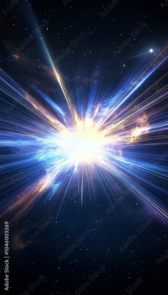 Poster cosmic explosion with rays of light and starry background. digital artwork for science projects.
