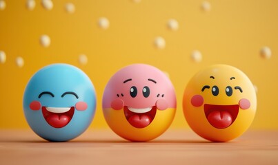Fun emoji character with a cheerful expression surrounded by colorful speech bubbles on a light background.
