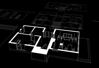 Architectural drawing  of a house 3d illustration
