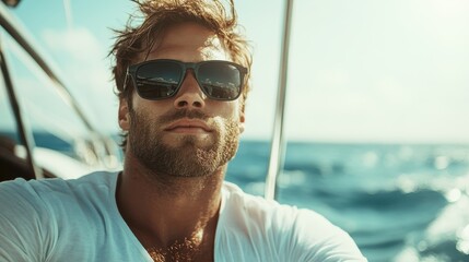 Laid-back man enjoying the sun on the open sea, showcasing a lifestyle of leisure and freedom with sunglasses reflecting the vibrant blue waters around him.