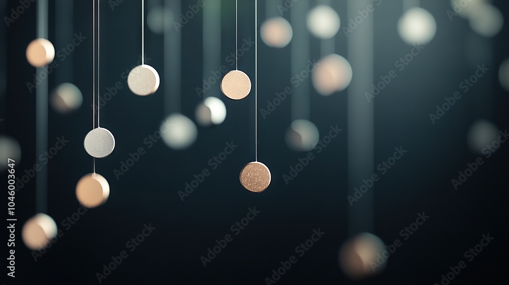 Poster a string of lights dangles from a ceiling, adorned with varying-sized and colored circle ornaments