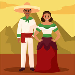 Mexican couple in traditional clothing posing outdoors, Vector