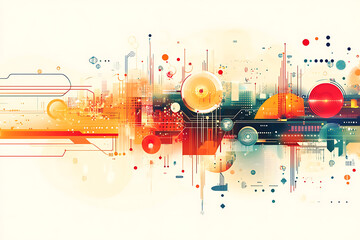 A futuristic circuit board design in festive New Year colors, featuring intricate digital technology elements, glowing lights, and advanced geometric patterns for a modern tech aesthetic.

